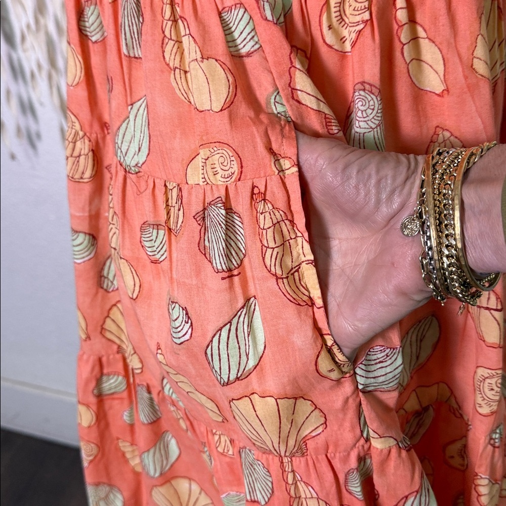 Victoria Dunn Elastic Smocked Chest Shell Print Below Knee Cap Sleeve Dress XS - Picture 3 of 11